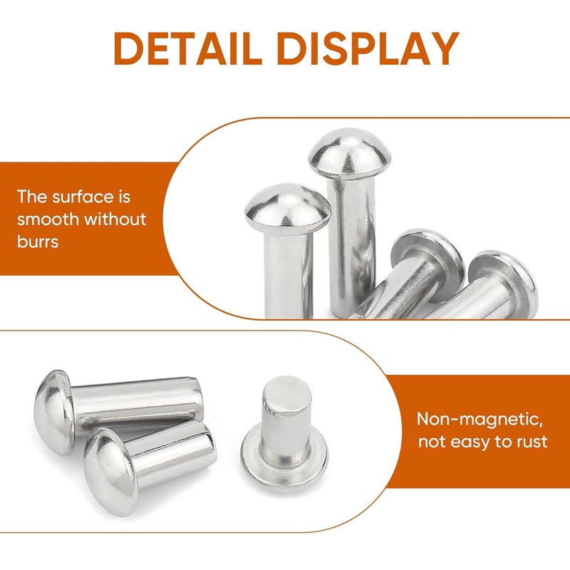 ALLCLEAN 1/4" Diameter X 3/8" Length Solid Aluminum Brazier Head Rivets,Aluminum Boat Rivets,Round/Dome Head Rivet,Pack of 150 - Image 4